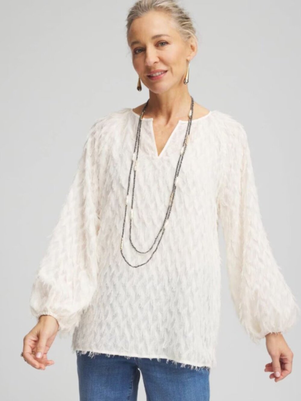 Chico's Feathered Pullover Peasant Blouse Cream Textured Balloon Sleeve Sz 12